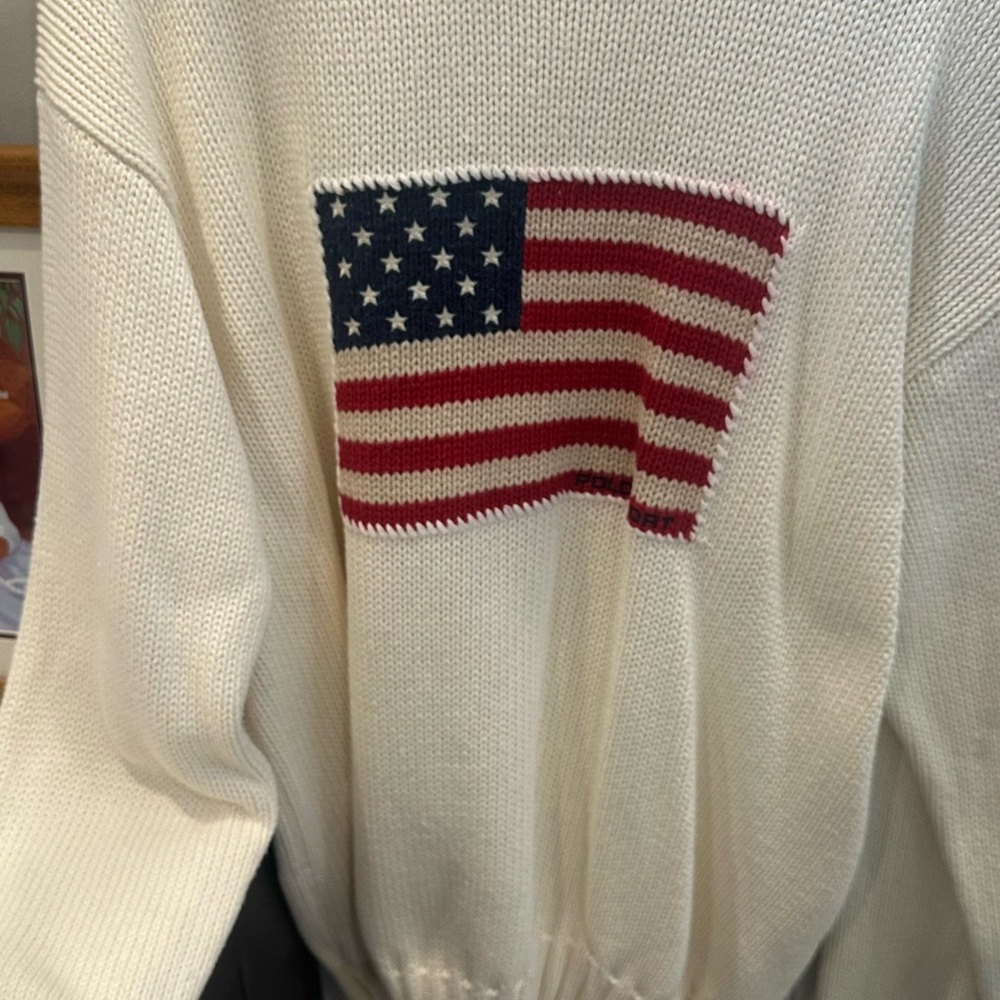 Ralph Lauren Cream Crewneck Sweater with American Flag Design